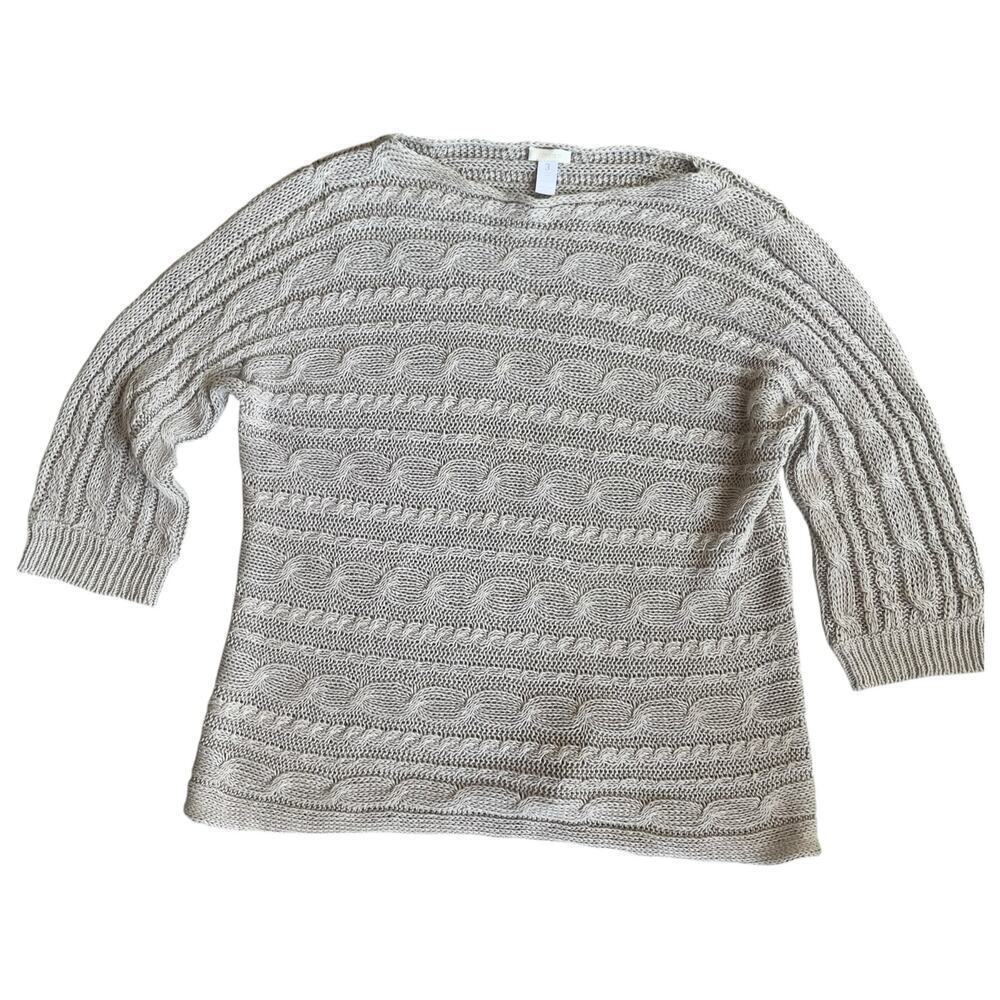 Chico’s Chicos taupe 100% linen cable knit boot neck sweater XL